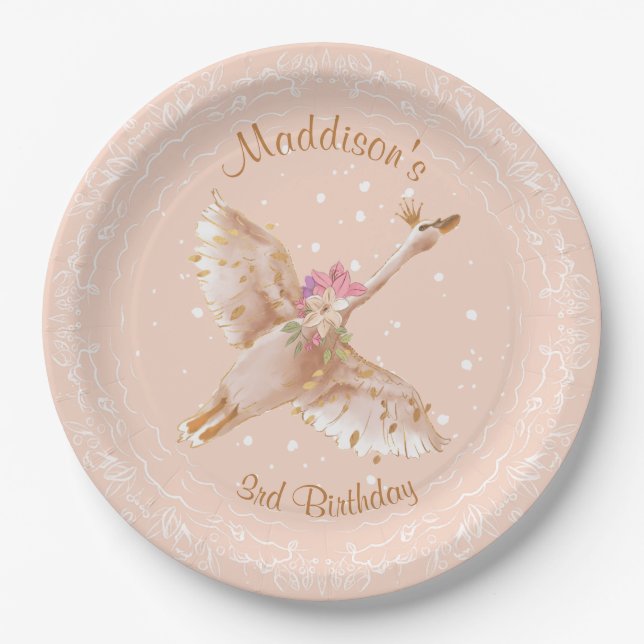 Pink Girl Swan Birthday Baby Shower Paper Plate (Front)