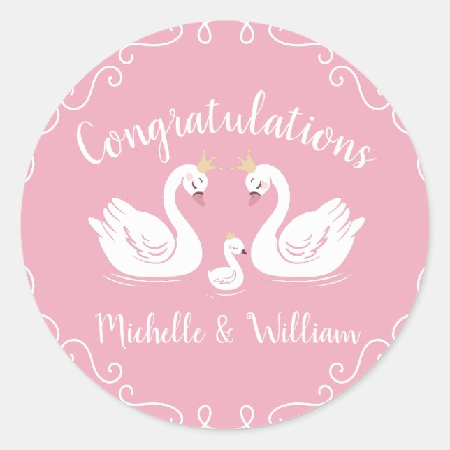 Pink Girl Swans Baby Shower Classic Round Sticker (Front)