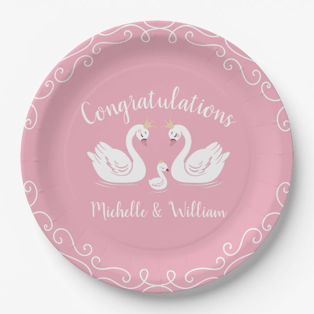 Pink Girl Swans Baby Shower Paper Plate (Front)
