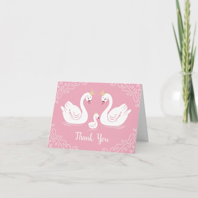 Pink Girl Swans Baby Shower Thank You Card (Front)