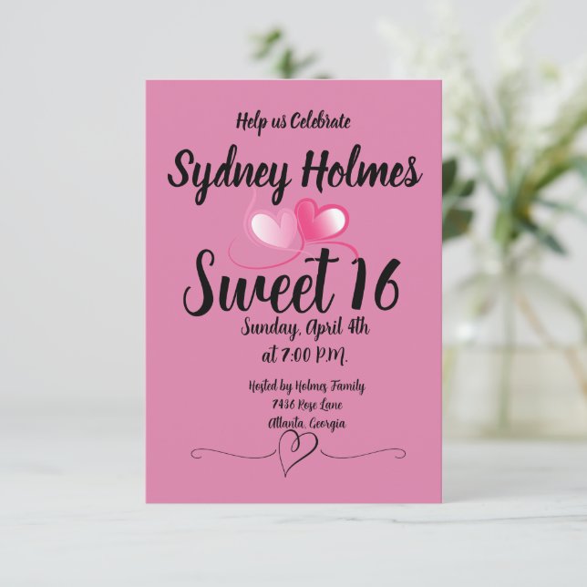 Pink Girl Sweet Sixteen Party Invitation hearts (Standing Front)
