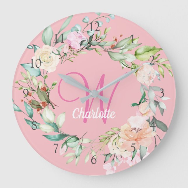 Pink Girl Sweet Summer Roses Initial Monogram Large Clock (Front)