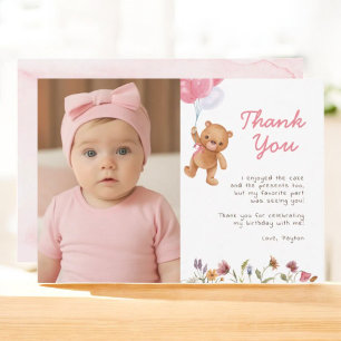 Pink Girl Teddy Bear 1st Birthday Thank You