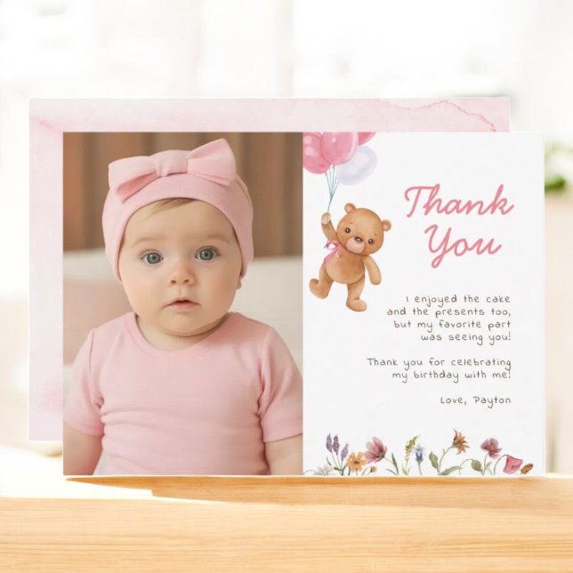 Pink Girl Teddy Bear 1st Birthday Thank You (Creator Uploaded)