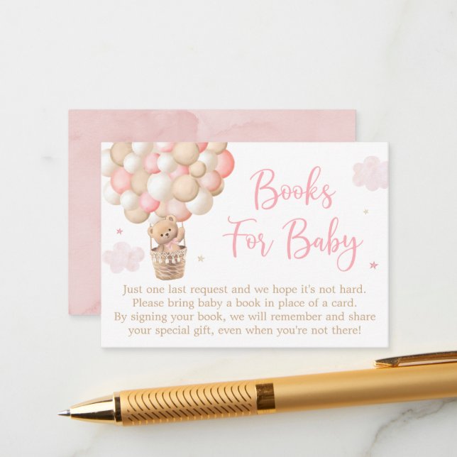 Pink Girl Teddy Bear Baby Shower Book Request Enclosure Card (Front/Back In Situ)