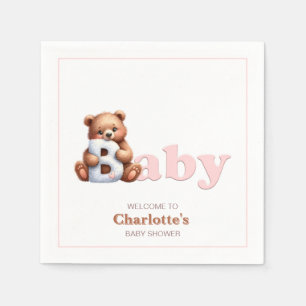 Pink Girl Teddy Bear Baby Shower Napkin