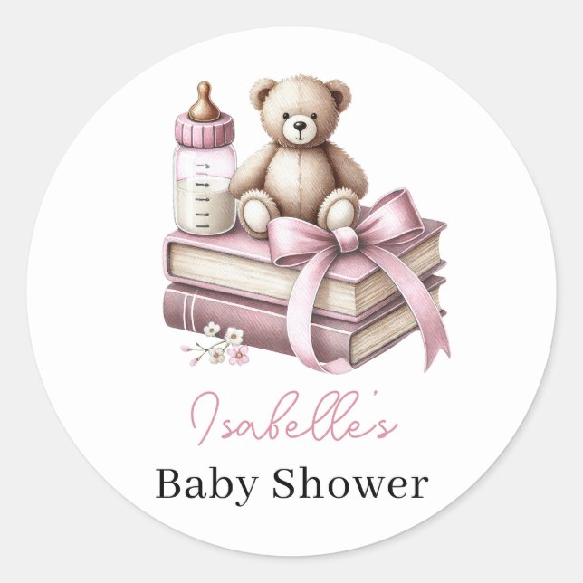 Pink Girl Teddy Bear Baby Shower New Chapter Begin Classic Round Sticker (Front)