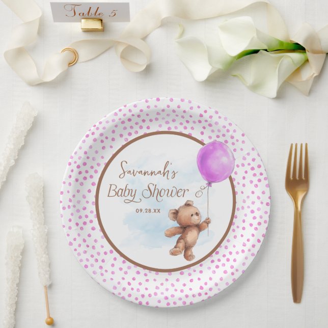 Pink Girl Teddy Bear Baby Shower Paper Plate (Wedding)