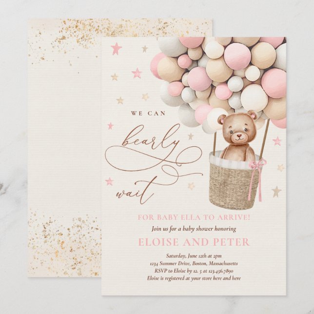 Pink Girl Teddy Bear Balloon Baby Shower  Invitation (Front/Back)