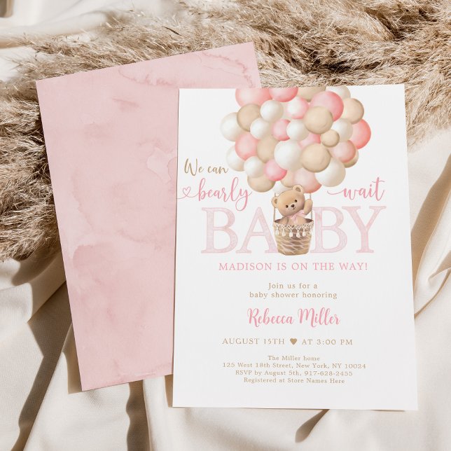 Pink Girl Teddy Bear Balloons Baby Shower Invitation (Creator Uploaded)