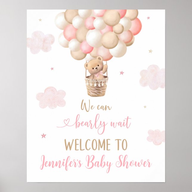 Pink Girl Teddy Bear Balloons Baby Shower Welcome Poster (Front)
