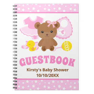 Pink Girl Teddy Bear Clothes Baby Shower Guestbook Notebook