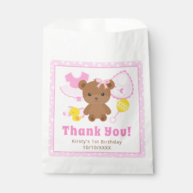 Pink Girl Teddy Bear Clothes Birthday Favour Bags (Front)