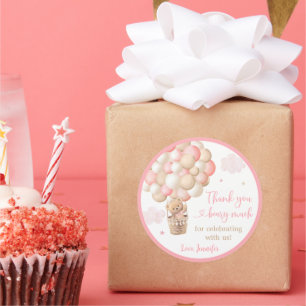 Pink Girl Teddy Bear Hot Air Balloon Baby Shower Classic Round Sticker