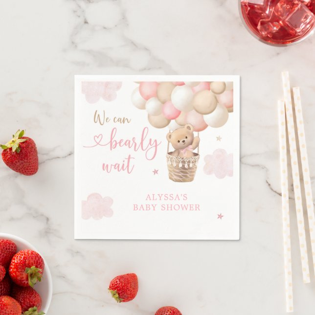Pink Girl Teddy Bear Hot Air Balloon Baby Shower Napkin (Insitu)
