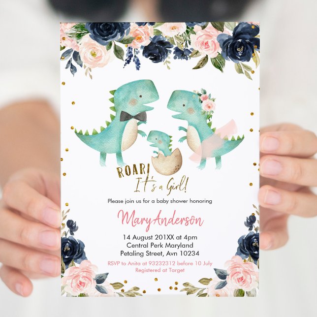 Pink Girl Tropical Dinosaur Baby Shower Roar Invit Invitation (Creator Uploaded)
