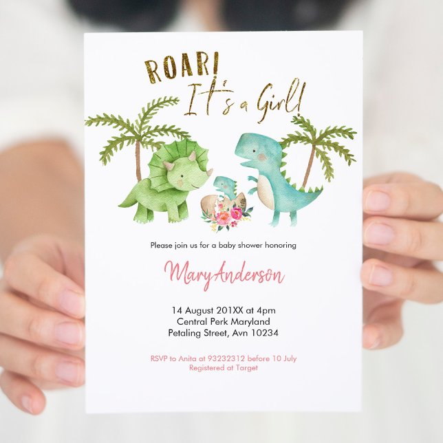 Pink Girl Tropical Dinosaur Baby Shower Roar Invitation (Creator Uploaded)