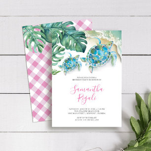 Pink Girl Tropical Sea Turtle Gingham Birthday  Invitation