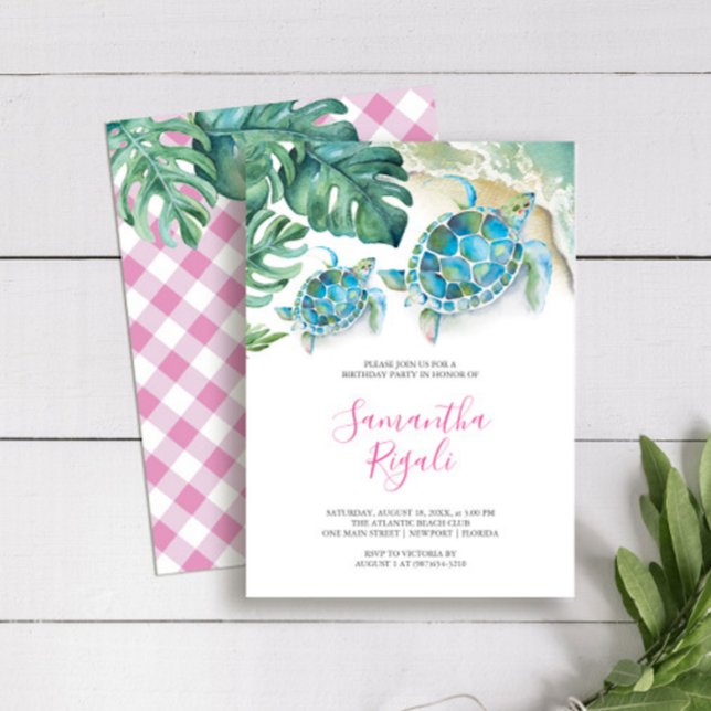 Pink Girl Tropical Sea Turtle Gingham Birthday  Invitation (Birthday party invitations girls cute pink and turquoise sea turtle watercolor Victoria Grigaliunas)