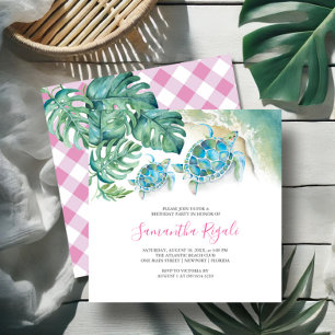 Pink Girl Tropical Sea Turtle Gingham Birthday  Invitation