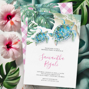 Pink Girl Tropical Sea Turtle Gingham Birthday  Invitation