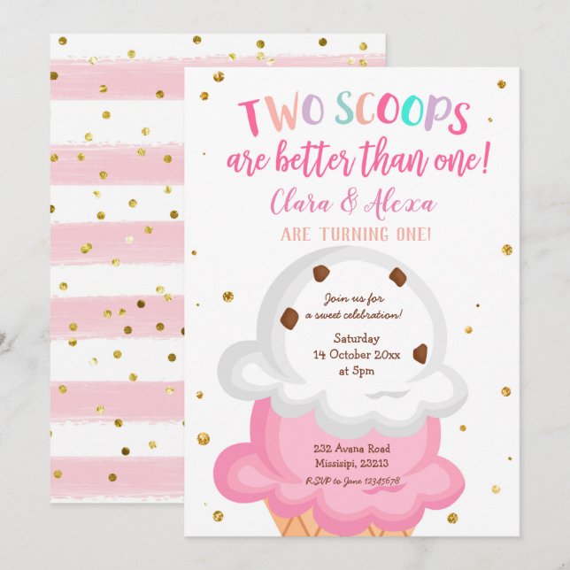 Pink Girl Twins Ice cream Invitation (Front/Back)
