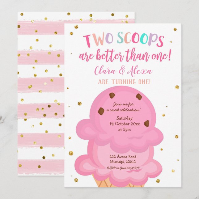 Pink Girl Twins Ice cream Invitation (Front/Back)