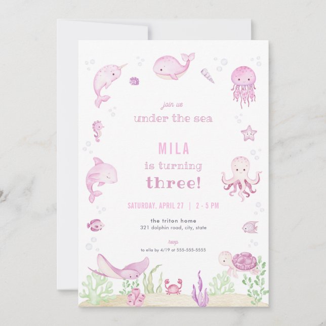 Pink Girl Under the Sea Birthday Invitation (Front)