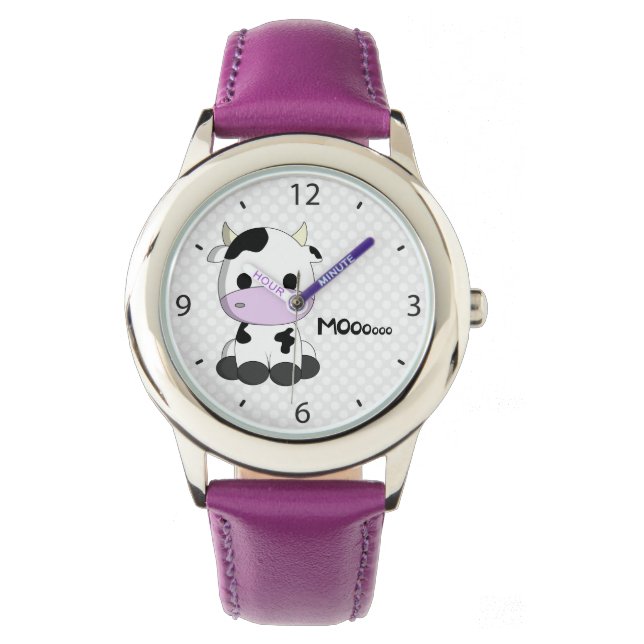 Pink girl watch with cute cow cartoon (Front)
