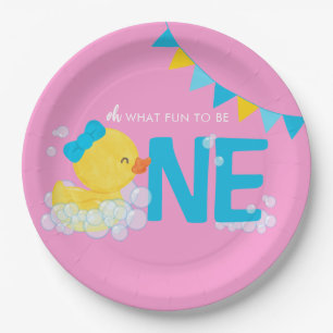 Pink Girl Watercolor Duck ONE 1st Birthday Paper Plate