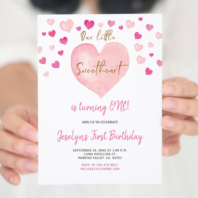 Pink Girl Watercolor First Birthday Heart Invitation (Creator Uploaded)