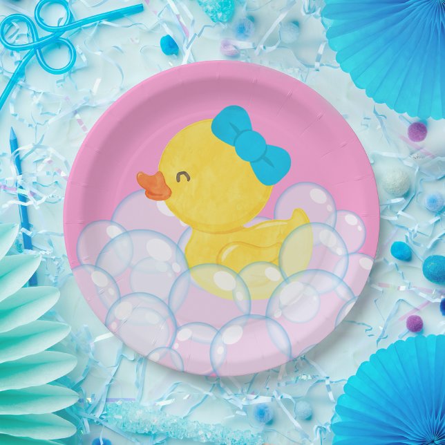 Pink Girl Watercolor Rubber Duck Party  Paper Plate (Pink Girl Watercolor Rubber Duck Party Paper Plates for Ducky 1st Birthday Party)