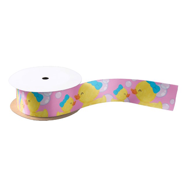 Pink Girl Watercolor Rubber Duck Ribbon Satin Ribbon (Spool)