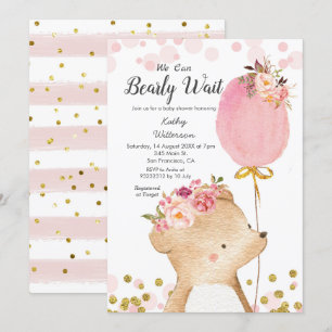 Pink Girl We can bearly wait baby shower Invitation