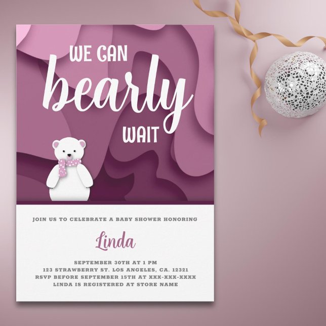 Pink Girl We Can Bearly Wait Baby Shower Invitation (Creator Uploaded)