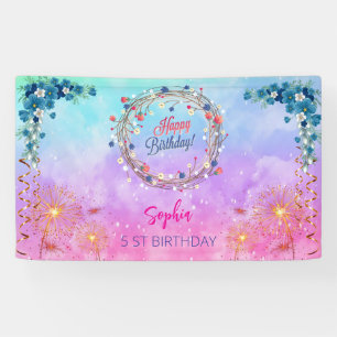 pink girl welcome floral watercolor birthday party banner