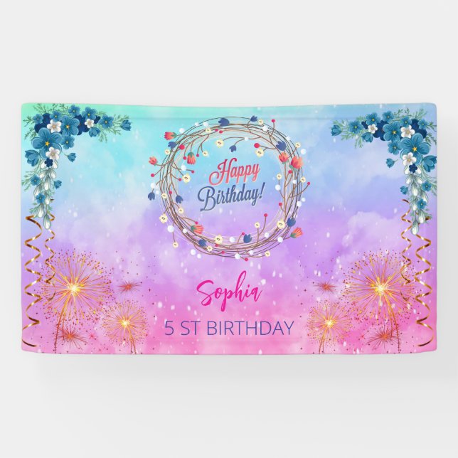 pink girl welcome floral watercolor birthday party banner (Horizontal)