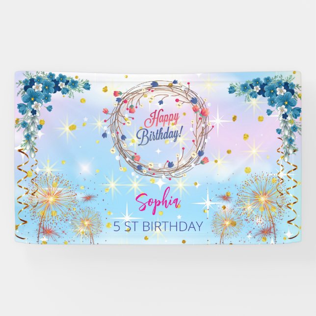 pink girl welcome floral watercolor birthday party banner (Horizontal)