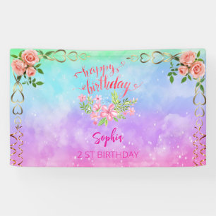 pink girl welcome floral watercolor birthday party banner