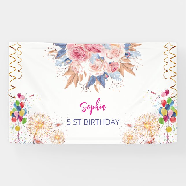 pink girl welcome floral watercolor birthday party banner (Horizontal)