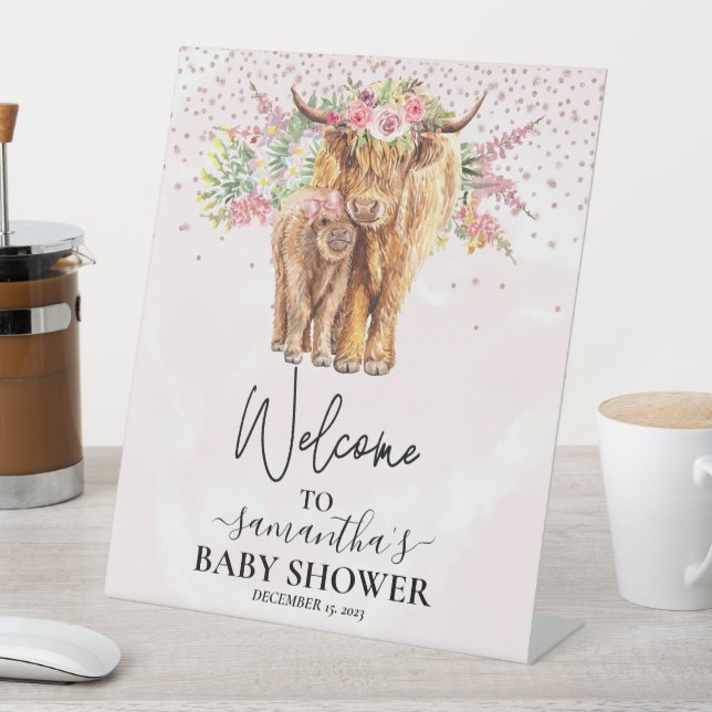 Pink Girl Welcome Highland Cow Calf Baby Shower  Pedestal Sign (In SItu)