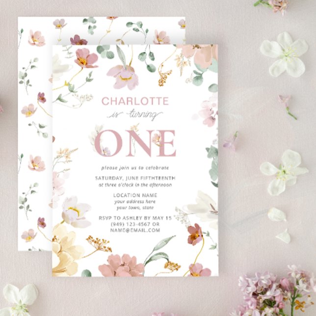 Pink Girl Wildflower Turning One 1st Birthday Invitation (1st Birthday Invitation)