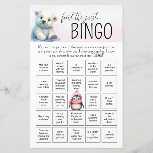 Pink Girl Winter Baby Bingo Baby Shower Game (Front)