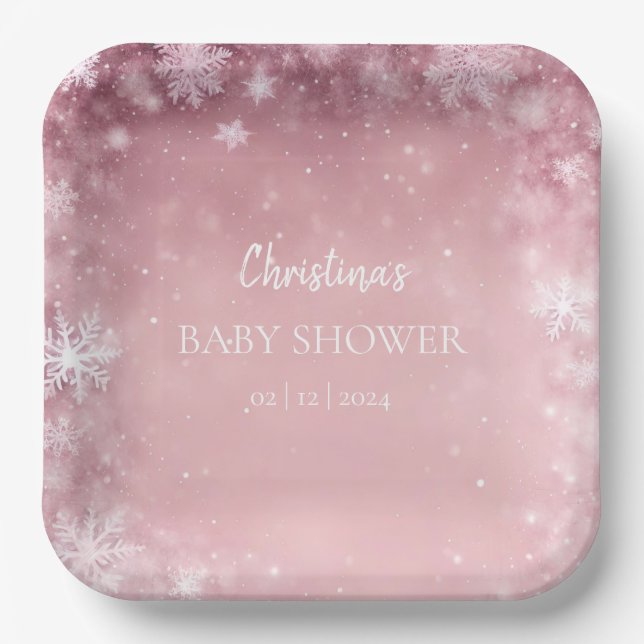Pink Girl Winter Baby Shower Paper Plate (Front)