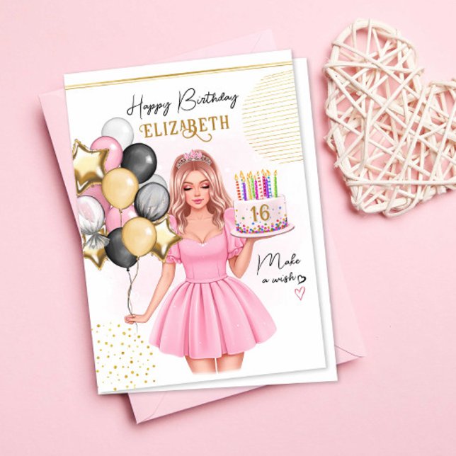 Pink Girl with Cake Balloons 16th Happy Birthday Holiday Card (Creator Uploaded)