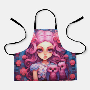 Pink girl with two owls apron