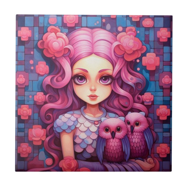 Pink girl with two owls tile (Front)