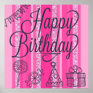 Pink Girlie Happy Birthday Banner Poster