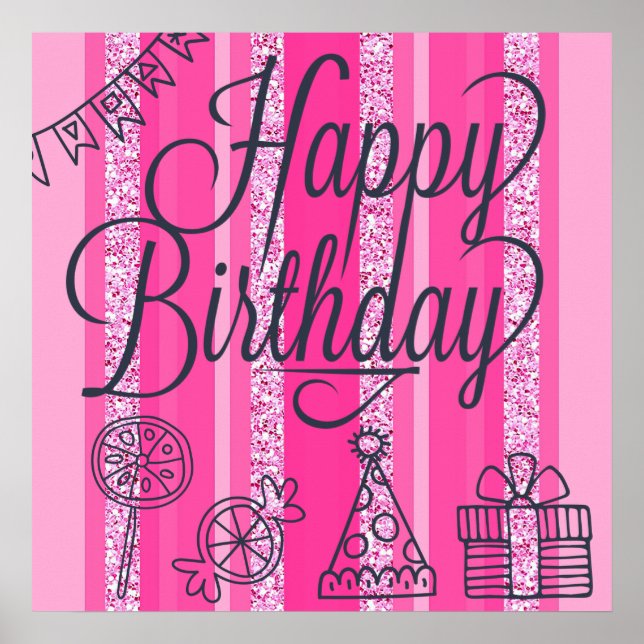 Pink Girlie Happy Birthday Banner Poster (Front)