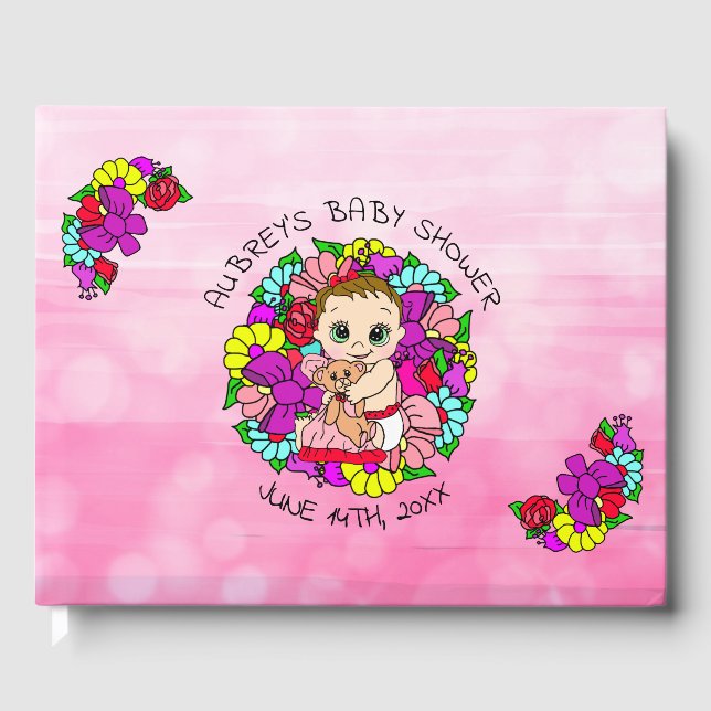 Pink Girl's Baby Shower Caucasian Baby Whimsical Guest Book (Front)